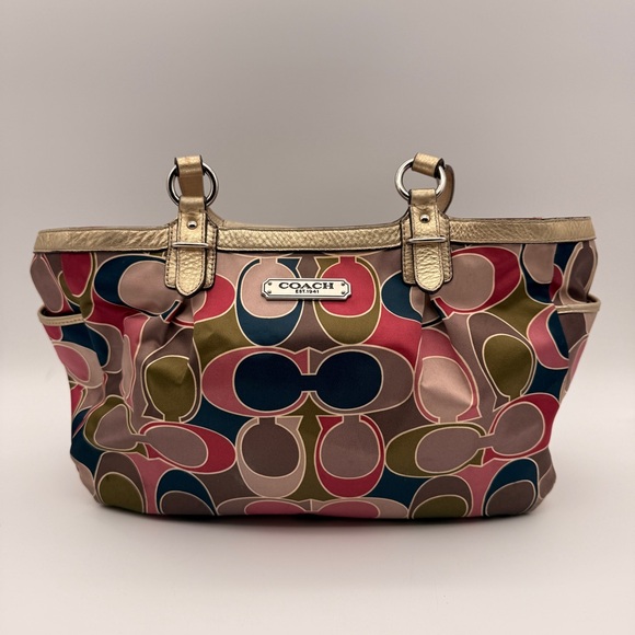 Coach Handbags - Coach Signature Multi-Color Satin Tote Bag with Metallic Gold Trim Shoulder Bag